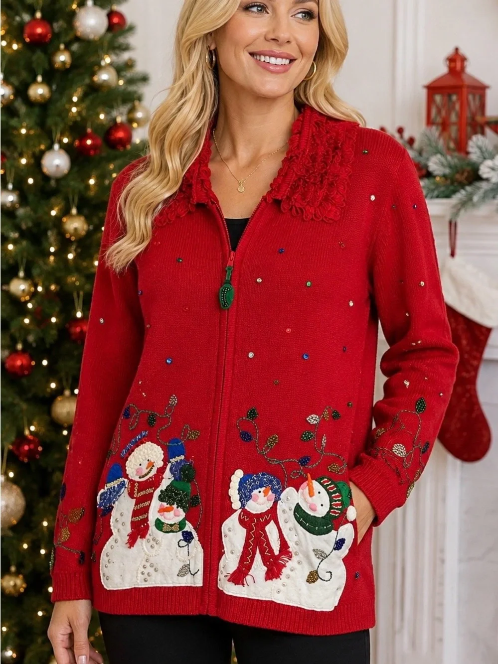Vintage Stitches In Time Sweater Size M Red Beaded Christmas Snowman Cardigan
